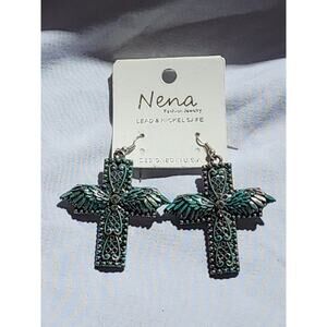 Nena Rhinestone Cross Earrings Dangle Set Silver-Tone Vintage Crucifix Christian